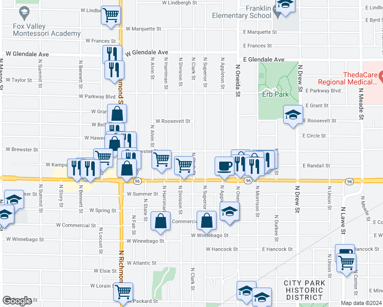map of restaurants, bars, coffee shops, grocery stores, and more near 1427 North Clark Street in Appleton
