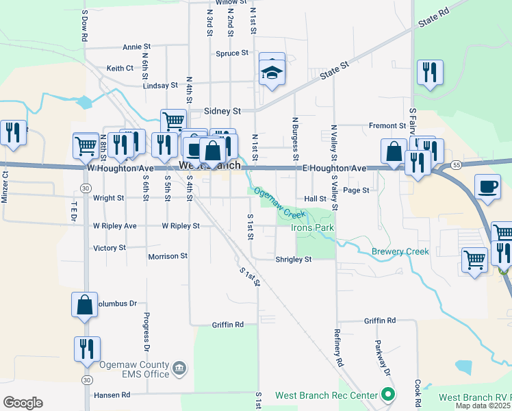 map of restaurants, bars, coffee shops, grocery stores, and more near 101-133 East Ripley Avenue in West Branch