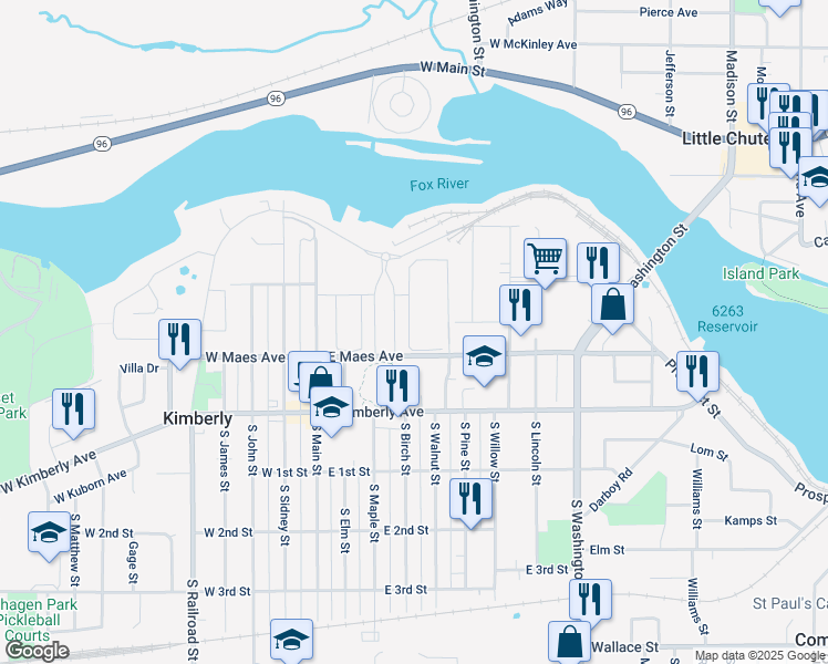 map of restaurants, bars, coffee shops, grocery stores, and more near 409 East Maes Avenue in Kimberly