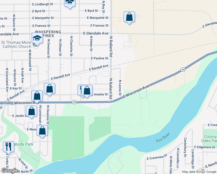 map of restaurants, bars, coffee shops, grocery stores, and more near 1830 East Amelia Street in Appleton