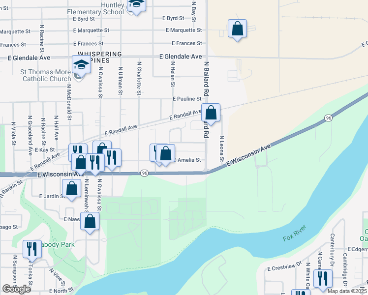 map of restaurants, bars, coffee shops, grocery stores, and more near 1736 East Amelia Street in Appleton