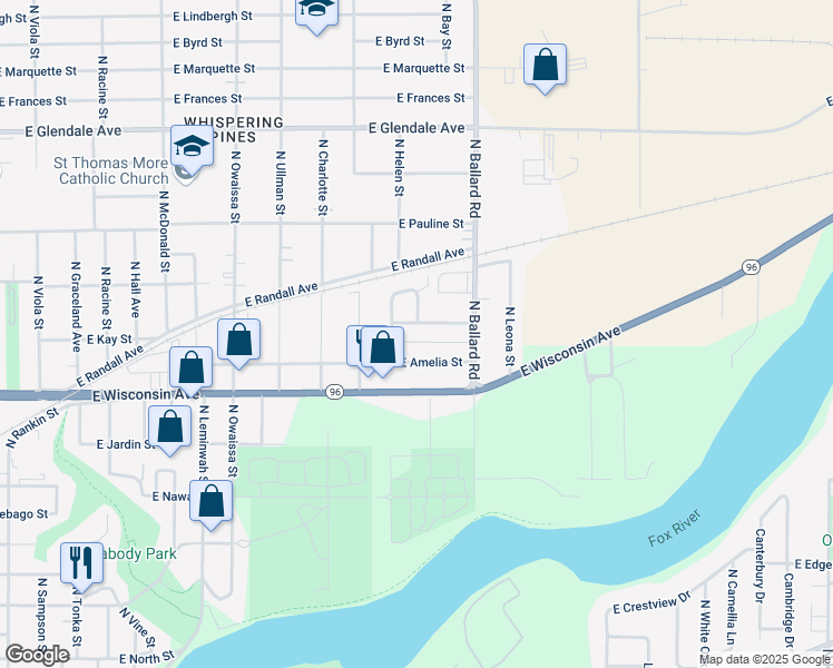 map of restaurants, bars, coffee shops, grocery stores, and more near 1736 East Amelia Street in Appleton