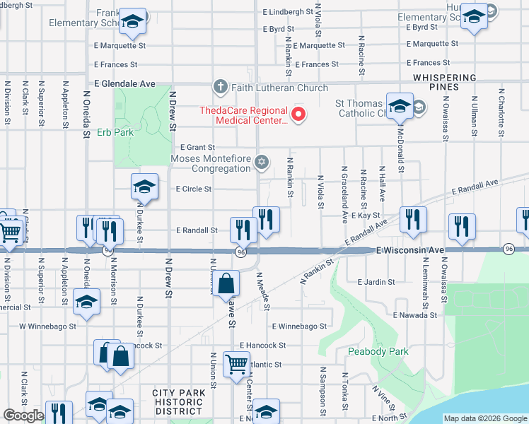 map of restaurants, bars, coffee shops, grocery stores, and more near 1408 North Meade Street in Appleton