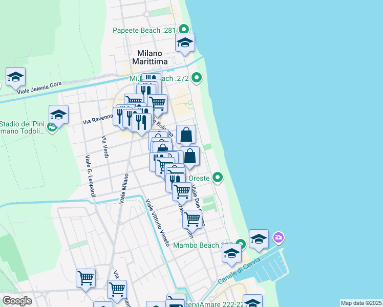 map of restaurants, bars, coffee shops, grocery stores, and more near 58 Viale Due Giugno in Cervia