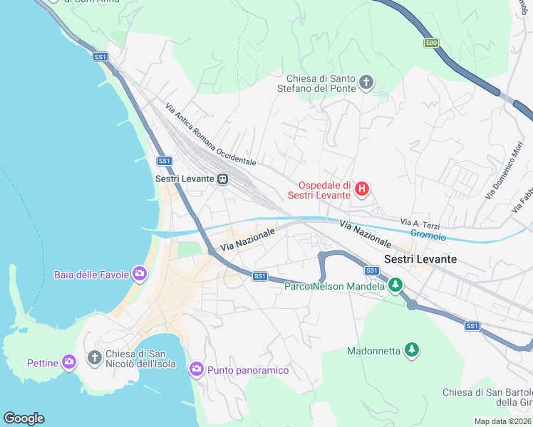 map of restaurants, bars, coffee shops, grocery stores, and more near 121 Via Nazionale in Sestri Levante