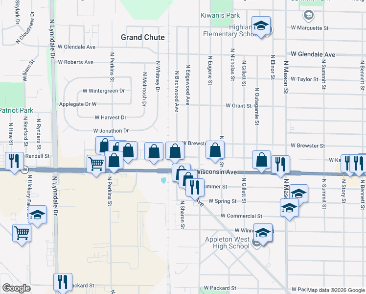 map of restaurants, bars, coffee shops, grocery stores, and more near 1400 North Birchwood Avenue in Appleton