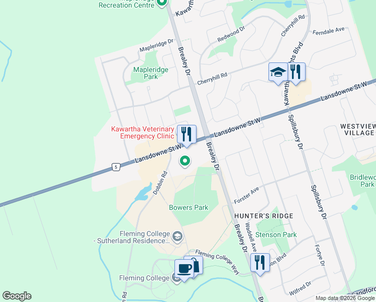 map of restaurants, bars, coffee shops, grocery stores, and more near 775 Brealey Drive in Peterborough