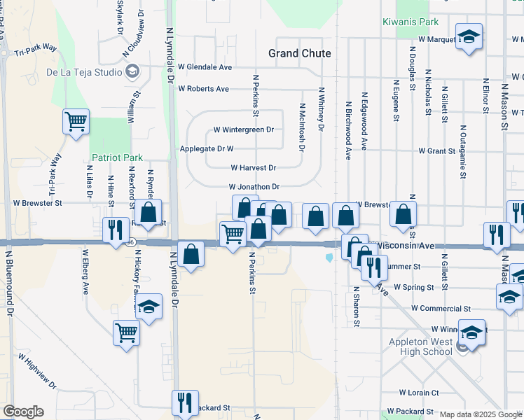 map of restaurants, bars, coffee shops, grocery stores, and more near 2115 West Russet Court in Appleton