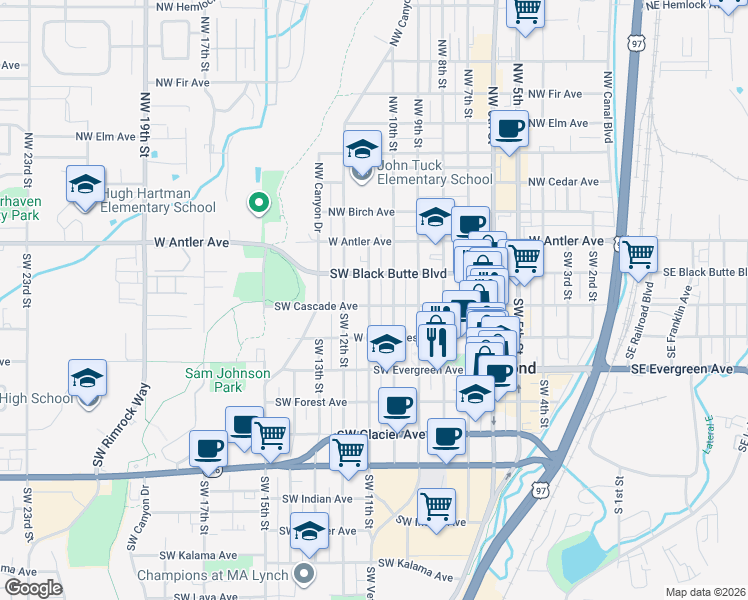map of restaurants, bars, coffee shops, grocery stores, and more near 327 Southwest 10th Street in Redmond