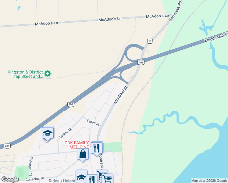map of restaurants, bars, coffee shops, grocery stores, and more near 106 Joyce Street in Kingston