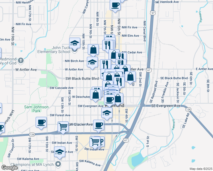 map of restaurants, bars, coffee shops, grocery stores, and more near 203 Southwest 6th Street in Redmond