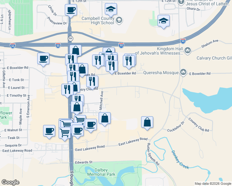 map of restaurants, bars, coffee shops, grocery stores, and more near 1020 Country Club Road in Gillette