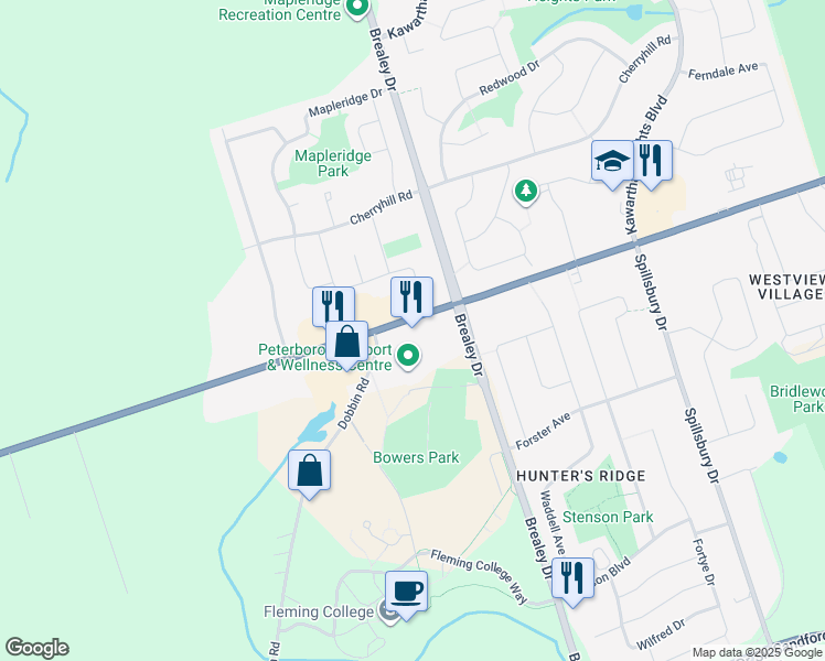 map of restaurants, bars, coffee shops, grocery stores, and more near 1837 Lansdowne Street West in Peterborough