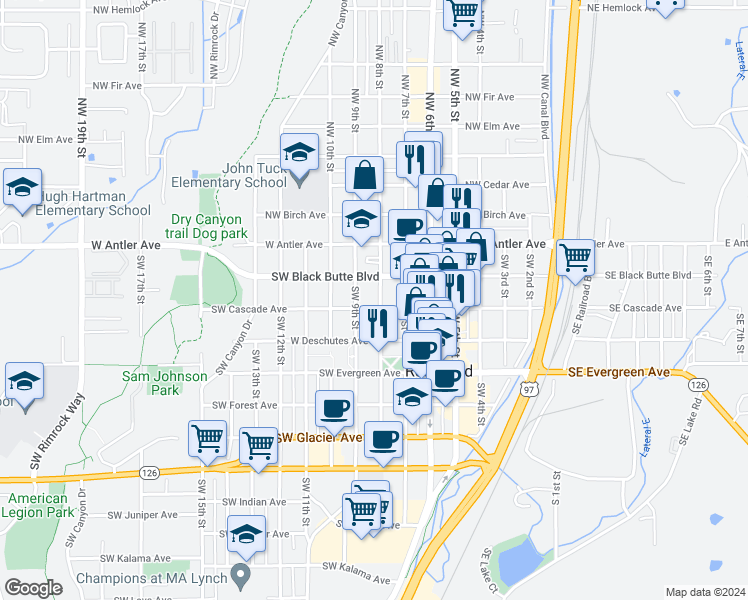 map of restaurants, bars, coffee shops, grocery stores, and more near 249 Southwest 8th Street in Redmond
