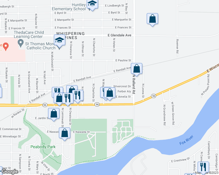 map of restaurants, bars, coffee shops, grocery stores, and more near 1425 Silvercrest Drive in Appleton