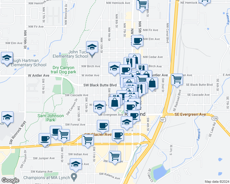 map of restaurants, bars, coffee shops, grocery stores, and more near 247 Southwest 8th Street in Redmond