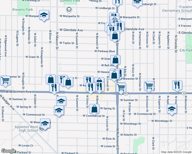map of restaurants, bars, coffee shops, grocery stores, and more near 1501 North Bennett Street in Appleton
