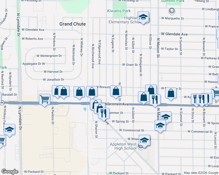 map of restaurants, bars, coffee shops, grocery stores, and more near 1525 North Eugene Street in Appleton