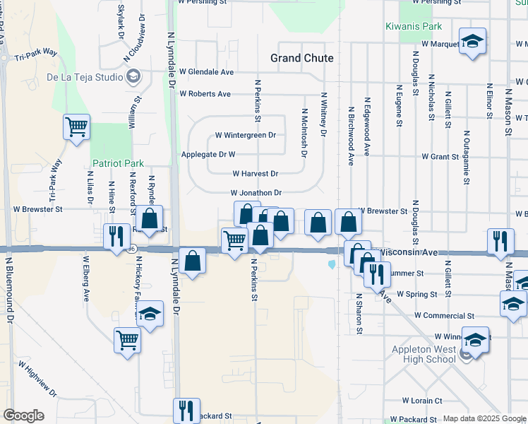map of restaurants, bars, coffee shops, grocery stores, and more near 2115 West Jonathon Drive in Appleton