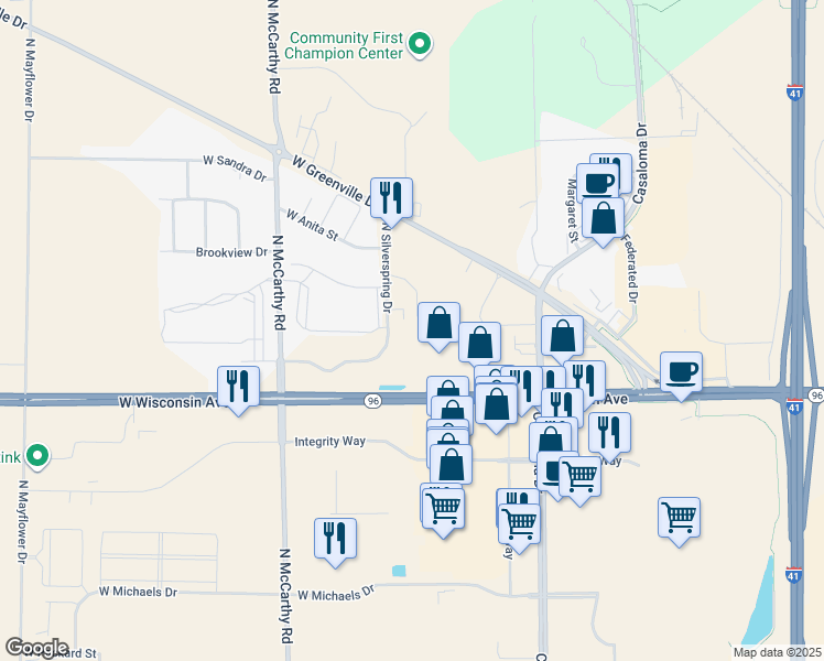 map of restaurants, bars, coffee shops, grocery stores, and more near 1696 North Silverspring Drive in Appleton