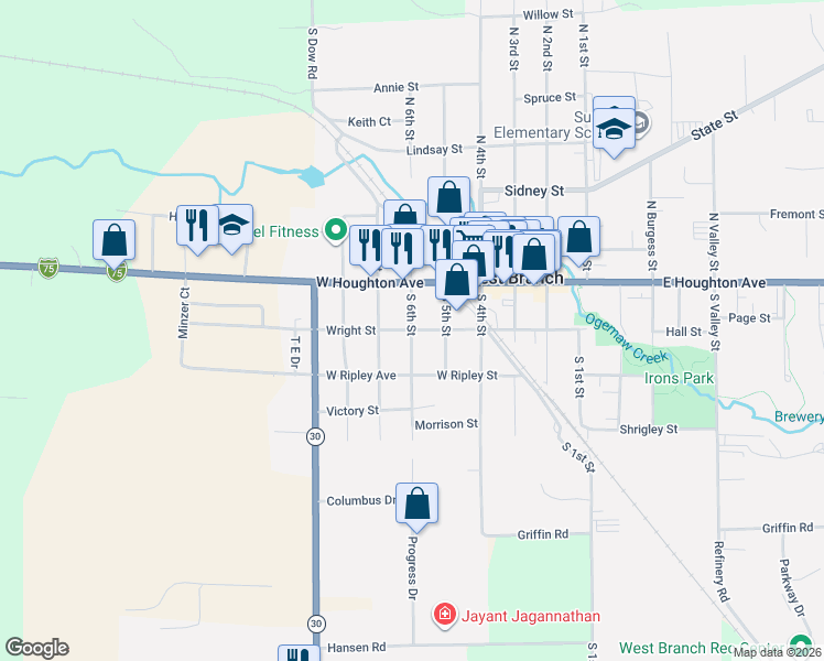 map of restaurants, bars, coffee shops, grocery stores, and more near 201 South 6th Street in West Branch