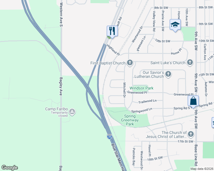 map of restaurants, bars, coffee shops, grocery stores, and more near 14 Crestview Bay in Faribault