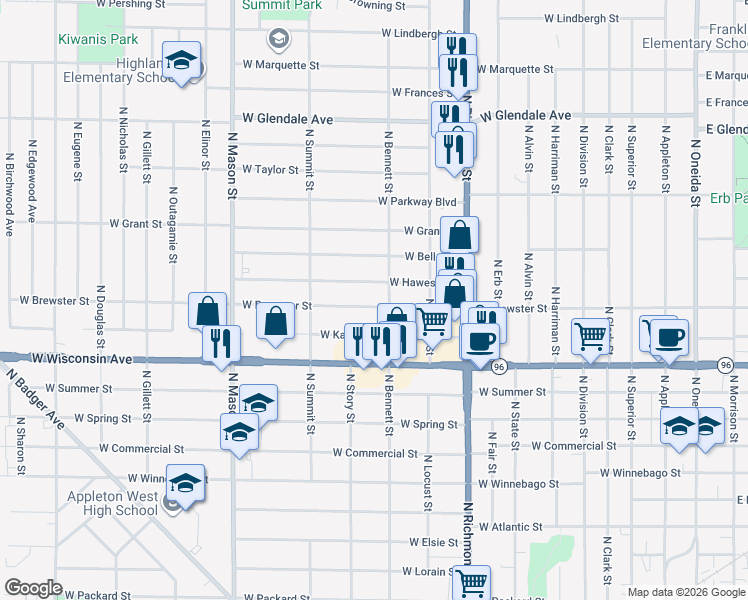 map of restaurants, bars, coffee shops, grocery stores, and more near 933 West Hawes Avenue in Appleton