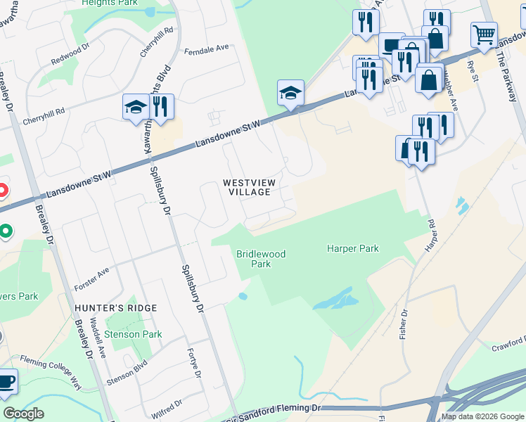 map of restaurants, bars, coffee shops, grocery stores, and more near 86 Village Crescent in Peterborough
