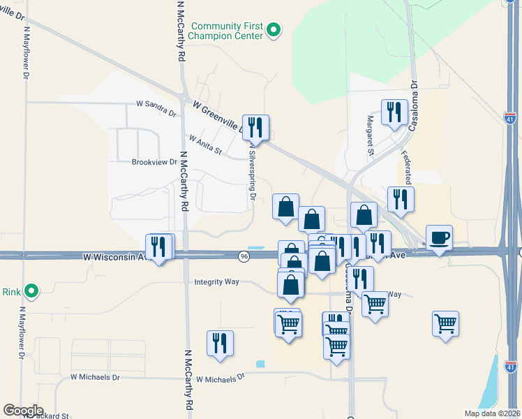 map of restaurants, bars, coffee shops, grocery stores, and more near 1696 North Silverspring Drive in Appleton