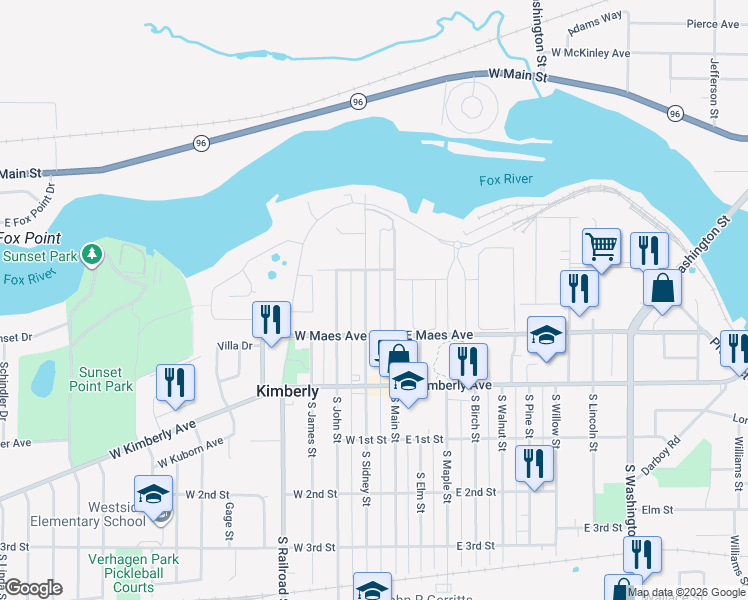 map of restaurants, bars, coffee shops, grocery stores, and more near 303 North Sidney Street in Kimberly