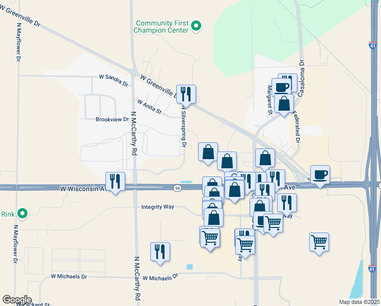 map of restaurants, bars, coffee shops, grocery stores, and more near 1694 North Silverspring Drive in Appleton