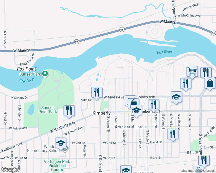 map of restaurants, bars, coffee shops, grocery stores, and more near 404 North John Street in Kimberly