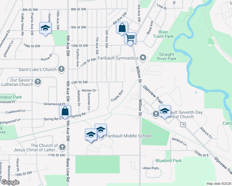 map of restaurants, bars, coffee shops, grocery stores, and more near 1213 Cuylle Bay in Faribault