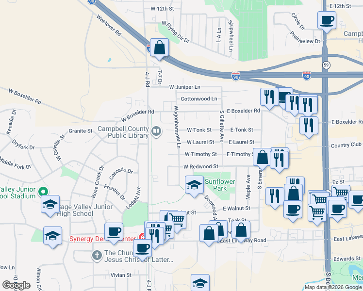 map of restaurants, bars, coffee shops, grocery stores, and more near 317 West Laurel Street in Gillette