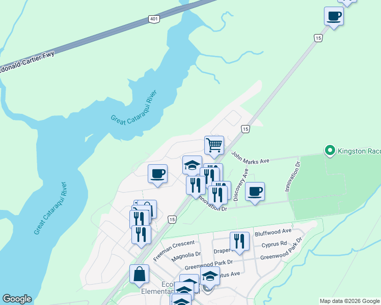 map of restaurants, bars, coffee shops, grocery stores, and more near Reginald Bart Drive in Kingston