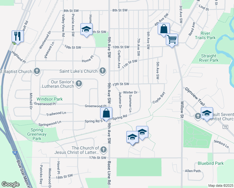 map of restaurants, bars, coffee shops, grocery stores, and more near 1250 Autumn Drive in Faribault