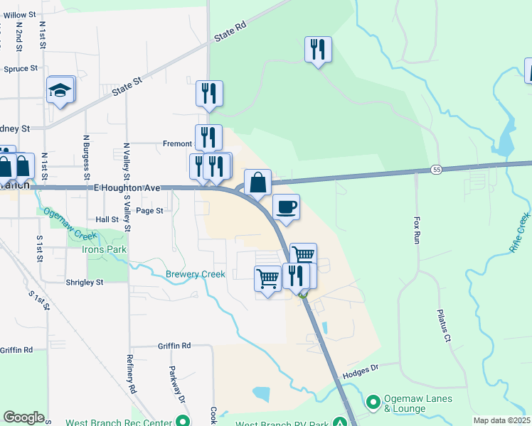 map of restaurants, bars, coffee shops, grocery stores, and more near 2110 South M -76 in West Branch