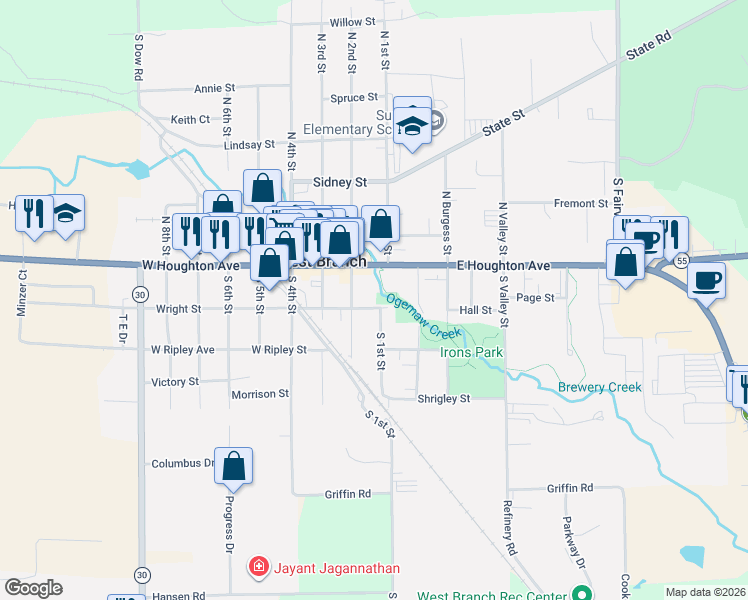 map of restaurants, bars, coffee shops, grocery stores, and more near 107 South 2nd Street in West Branch