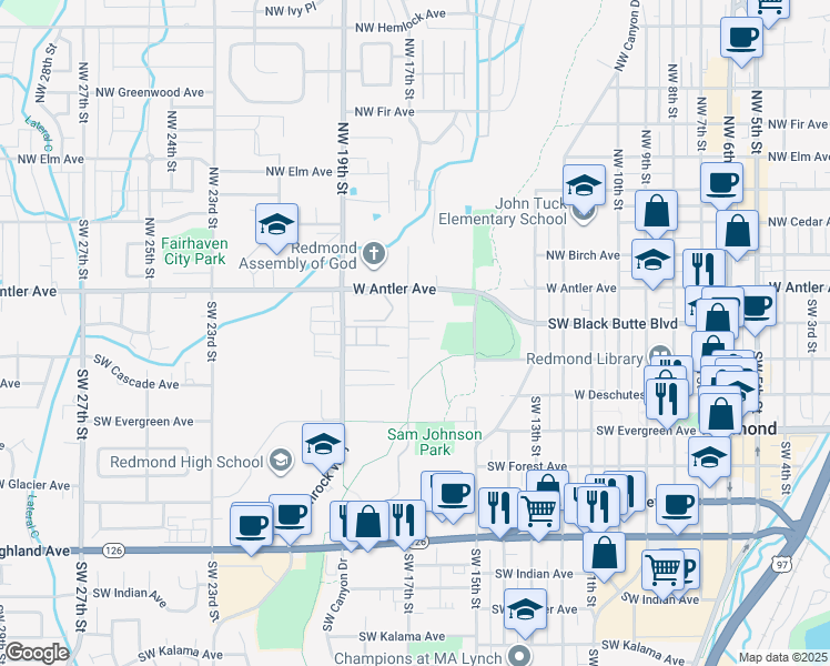 map of restaurants, bars, coffee shops, grocery stores, and more near 152 Southwest 17th Street in Redmond