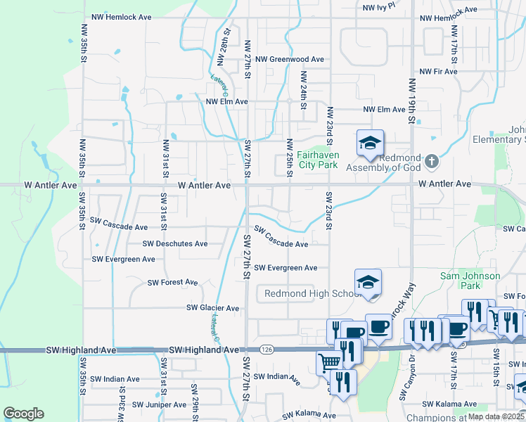 map of restaurants, bars, coffee shops, grocery stores, and more near 2614 Southwest Cascade Mountain Lane in Redmond