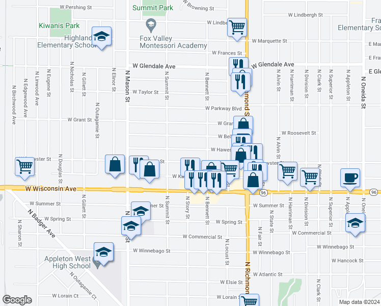 map of restaurants, bars, coffee shops, grocery stores, and more near 933 West Hawes Avenue in Appleton