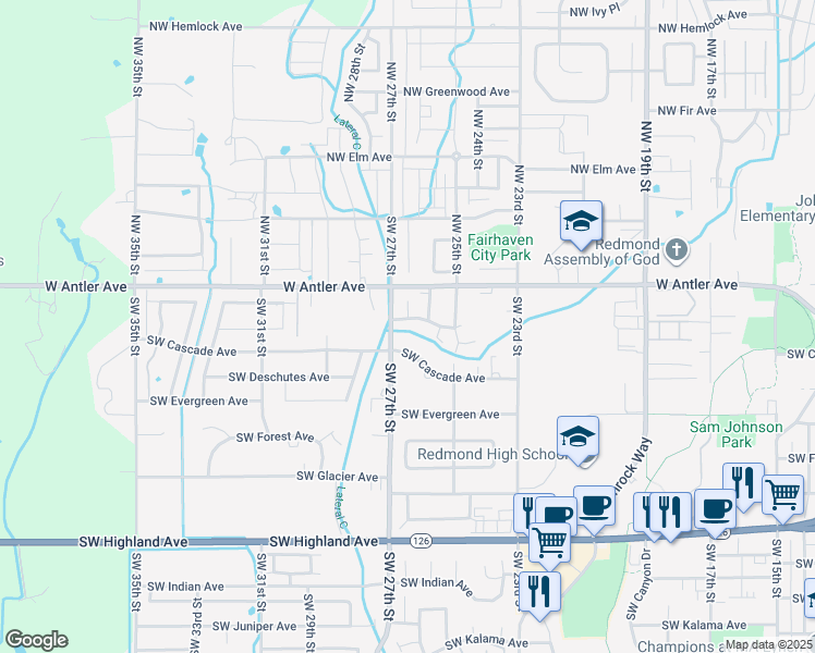 map of restaurants, bars, coffee shops, grocery stores, and more near 2614 Southwest Cascade Mountain Lane in Redmond