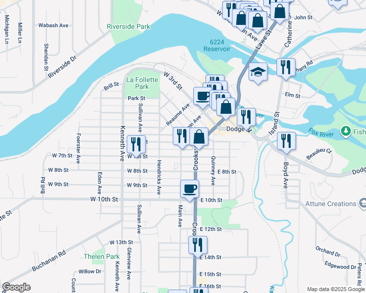 map of restaurants, bars, coffee shops, grocery stores, and more near 600 Main Avenue in Kaukauna