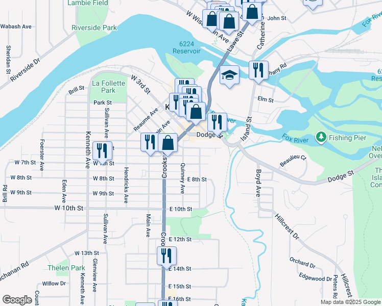 map of restaurants, bars, coffee shops, grocery stores, and more near 301 Dixon Street in Kaukauna