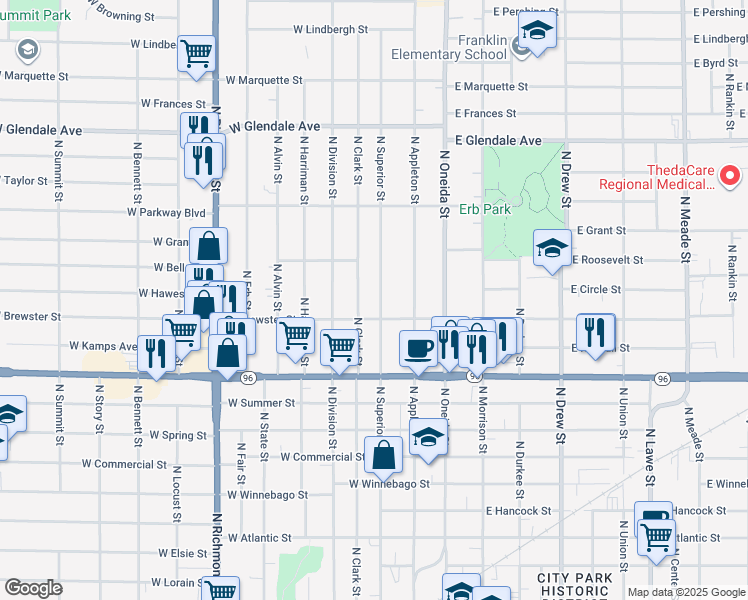 map of restaurants, bars, coffee shops, grocery stores, and more near 1528 North Superior Street in Appleton
