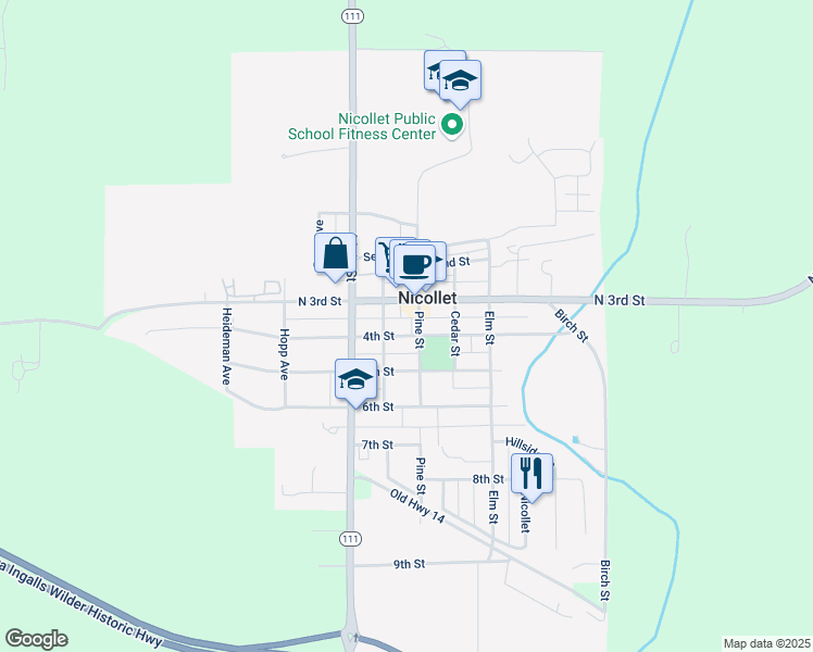 map of restaurants, bars, coffee shops, grocery stores, and more near in Nicollet