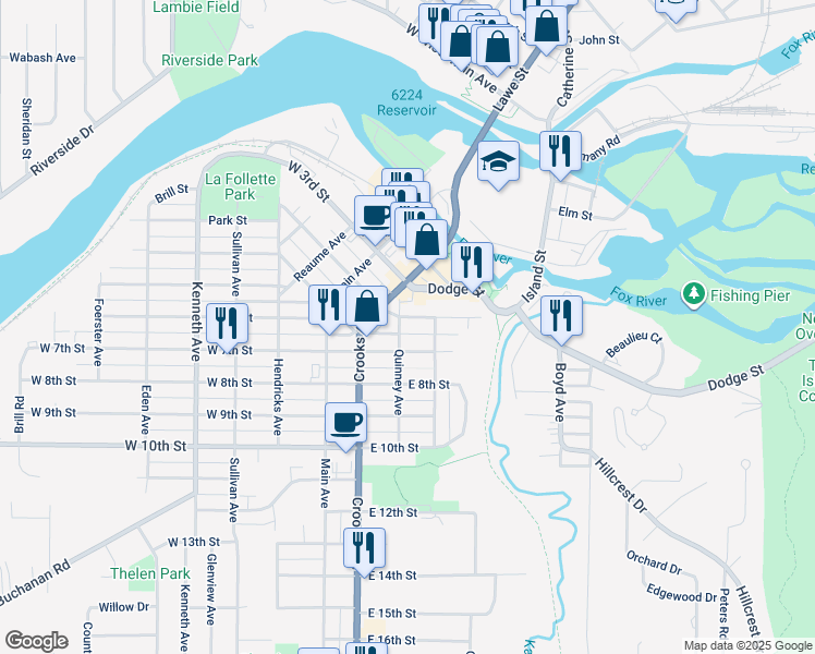 map of restaurants, bars, coffee shops, grocery stores, and more near 301 Dixon Street in Kaukauna