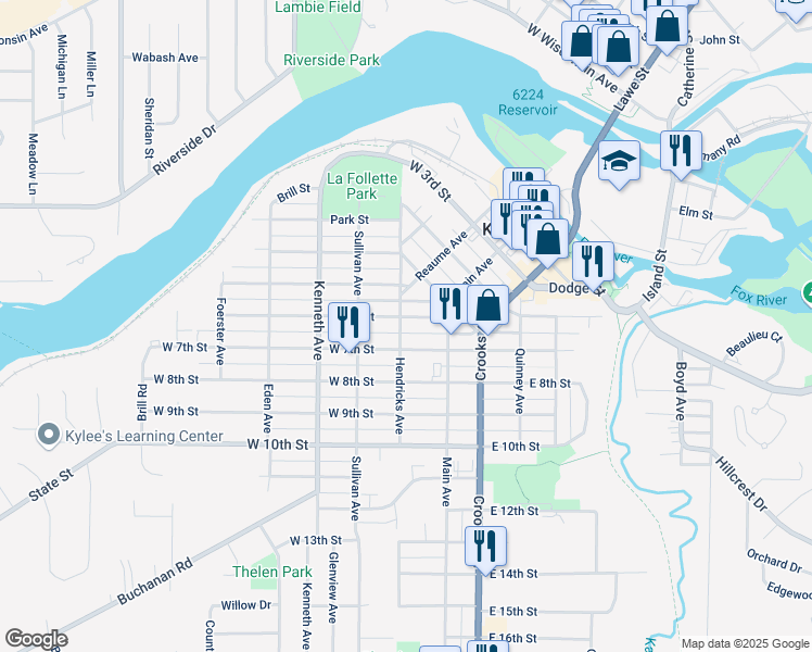 map of restaurants, bars, coffee shops, grocery stores, and more near 125 West 6th Street in Kaukauna