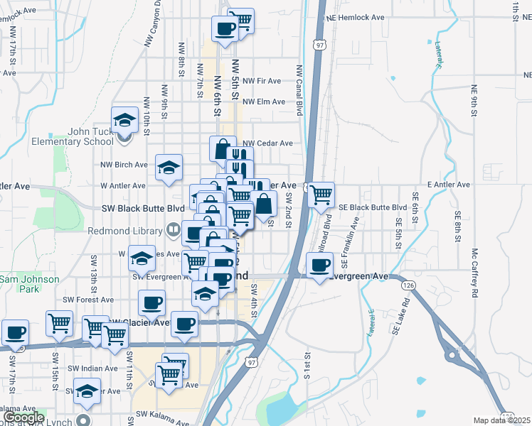 map of restaurants, bars, coffee shops, grocery stores, and more near 209 Southwest 3rd Street in Redmond
