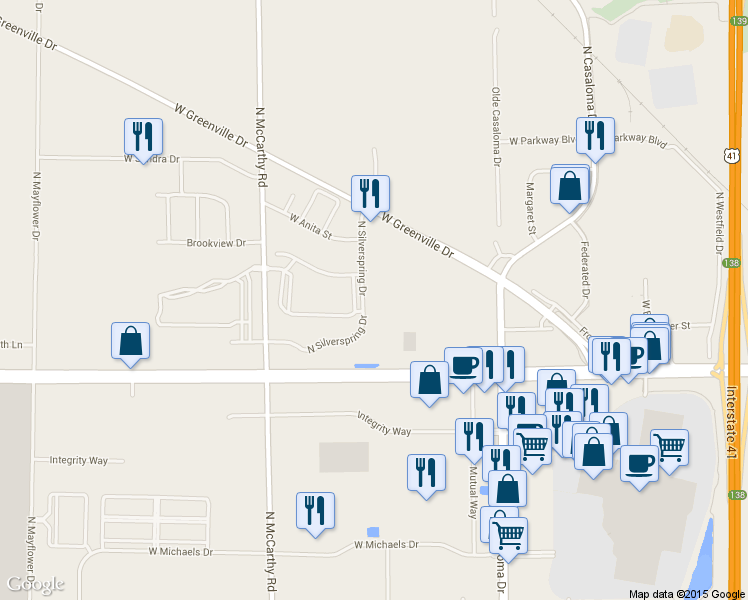 map of restaurants, bars, coffee shops, grocery stores, and more near 1696 North Silverspring Drive in Appleton